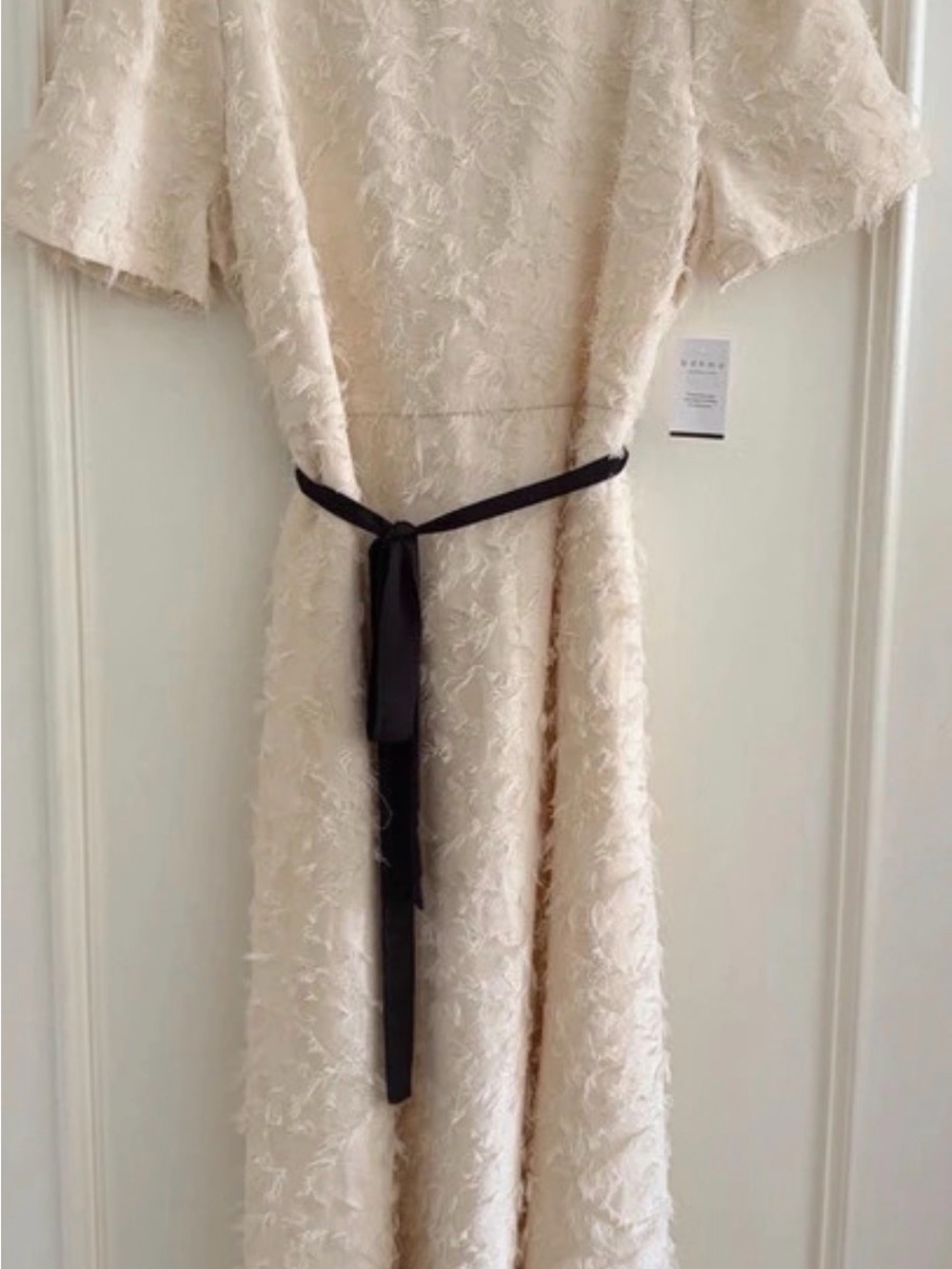 bohme Cream Midi Dress with Black Waist Tie